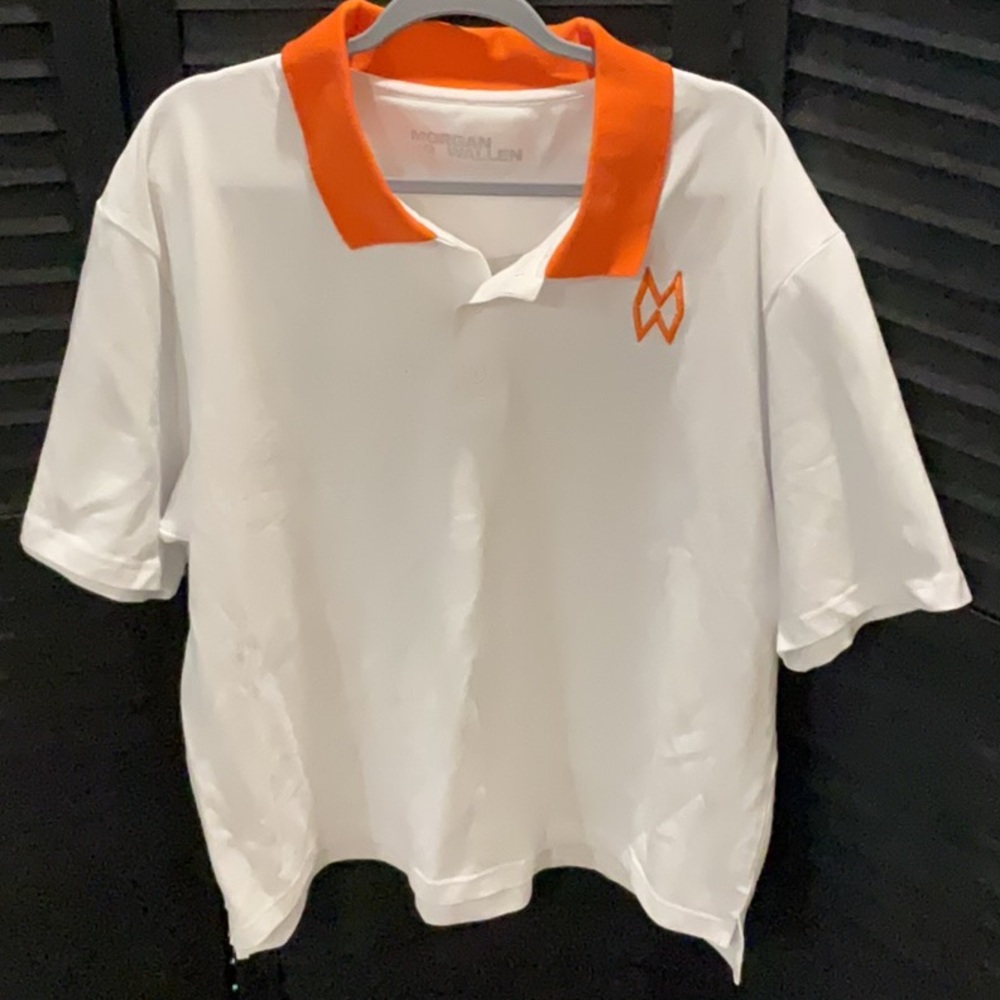 White Morgan Wallen Polo With Orange Collar And Orange Lettering